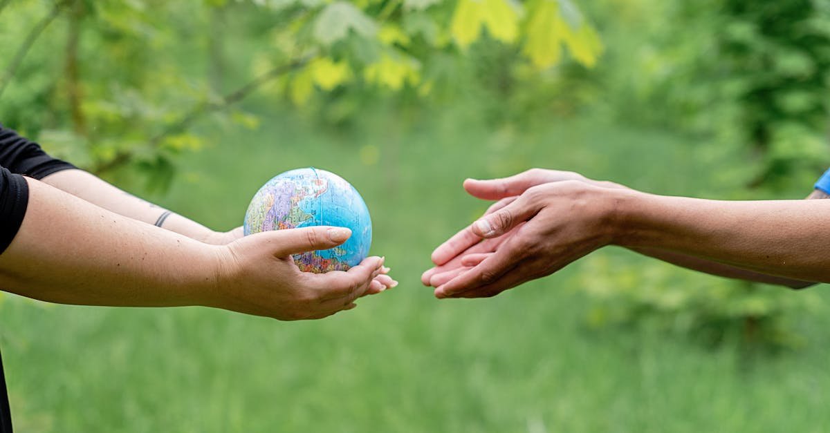 Two hands exchanging a small globe symbolizing global unity and ecology awareness.